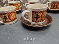 11pc vintage retro coffee cups By Sadler 1970s boho stoneware set with 5 saucers