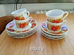1970s Vintage Floral Coffee Set by Scherzer Bavaria Cups Saucers Plates 12 pcs