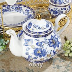 21 Pieces British Vintage Porcelain Tea Set, Blue Floral Ceramic Coffee Set with