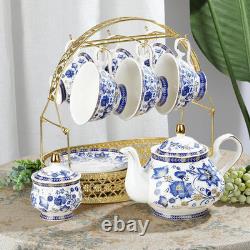 21 Pieces British Vintage Porcelain Tea Set, Blue Floral Ceramic Coffee Set with