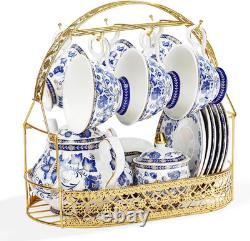 21 Pieces British Vintage Porcelain Tea Set, Blue Floral Ceramic Coffee Set with