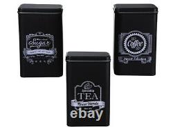 3pc Black Vintage Tea Coffee Sugar Set Metal Pull Off Lids Kitchen Storage Retro