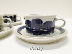 4 Arabia Anemone Blue Flat Coffee Cup & Saucer Finland Hand Painted sets MINTY