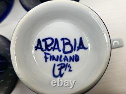 4 Arabia Finland Valencia Footed Cups Set Vintage Blue White Coffee Tea Dish Lot