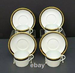 4 Sets Tiffany & Co Limoges France CUP & SAUCER Black Band Gold Dots Perfect
