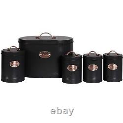 5pc Kitchen Bread Bin Set Tea Coffee Sugar Biscuit Tins, Barrel Sealed Containers