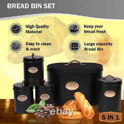 5pc Kitchen Bread Bin Set Tea Coffee Sugar Biscuit Tins, Barrel Sealed Containers