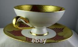 6 Hutschenreuther Echt Gold Encrusted Burgundy Fishnet Footed Cup & Saucer Sets