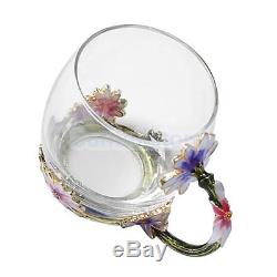 6x Vintage Style Floral Enamels Clear Glass Crystal Flower Tea Set Coffee Cup