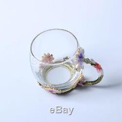 6x Vintage Style Floral Enamels Clear Glass Crystal Flower Tea Set Coffee Cup