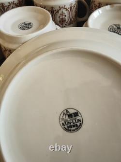 70s vintage Kun-Lun coffee/tea set cream&brown 6 cups 6 saucers 6 plates