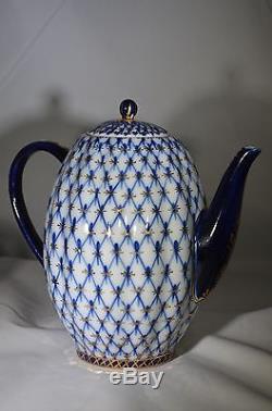 9 Vintage Lomonosov USSR Cobalt Blue Net Porcelain Coffee Tea Set
