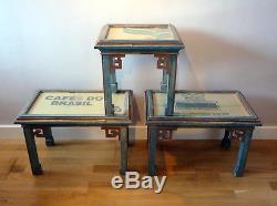 Antique Vintage mid 20thC Chinese painted Coffee Side tables set of three glass