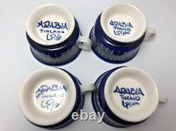 Arabia Finland Valencia Footed Coffee Tea Cups Vintage Blue & White Set of 4