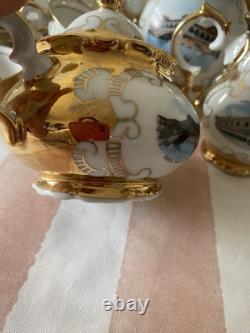 Bareyther Vintage gold porcelain coffee/Tea Set Venetian Transfer Scenes 9 parts