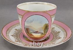 British Hand Painted Landscape Pink Bone China Coffee Cup & Saucer C. 1860-1870s