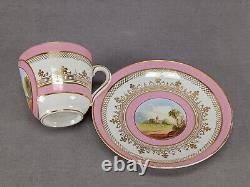 British Hand Painted Landscape Pink Bone China Coffee Cup & Saucer C. 1860-1870s