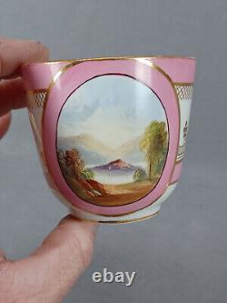 British Hand Painted Landscape Pink Bone China Coffee Cup & Saucer C. 1860-1870s