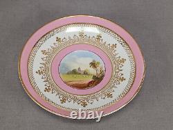 British Hand Painted Landscape Pink Bone China Coffee Cup & Saucer C. 1860-1870s