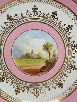 British Hand Painted Landscape Pink Bone China Coffee Cup & Saucer C. 1860-1870s