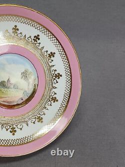 British Hand Painted Landscape Pink Bone China Coffee Cup & Saucer C. 1860-1870s