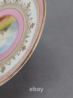 British Hand Painted Landscape Pink Bone China Coffee Cup & Saucer C. 1860-1870s