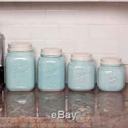 Ceramic Kitchen Canister Set of 4 Mason Jar Vintage Flour Sugar Coffee Tea Blue