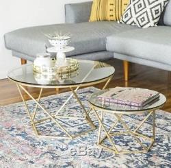 Coffee Nesting Glass Table Tempered 2 Piece Accent Metal Set Vintage Gold Finish