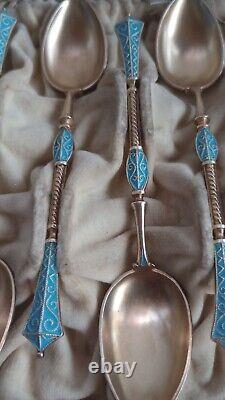 Coffee Spoons Set Enamel Silver Gilt Hallmark David Anderson Scandinavian Vtg