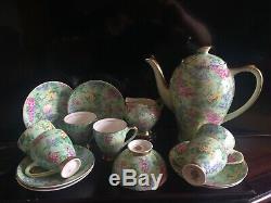 Complete Vintage Green And Gold Chintz Empire Ware Coffee Set For 6. Lilac Time