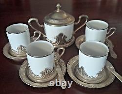 Epresso Coffee Cup Set Vtg Tognana Italy Silver Plate Bases Spoons & Sugar Bowl