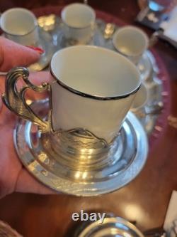 Espresso Tray Set for 6 Porcelain & Silver Plate Vintage c1950