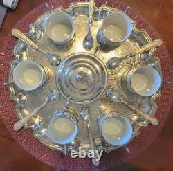 Espresso Tray Set for 6 Porcelain & Silver Plate Vintage c1950