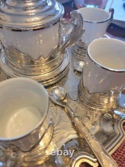 Espresso Tray Set for 6 Porcelain & Silver Plate Vintage c1950