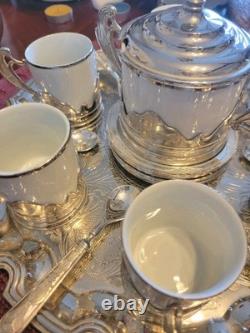 Espresso Tray Set for 6 Porcelain & Silver Plate Vintage c1950