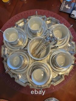 Espresso Tray Set for 6 Porcelain & Silver Plate Vintage c1950