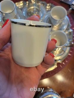 Espresso Tray Set for 6 Porcelain & Silver Plate Vintage c1950