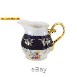 Euro Porcelain Premium 17-Pc Dark Cobalt Blue Tea Cup Coffee Set, Vintage Floral
