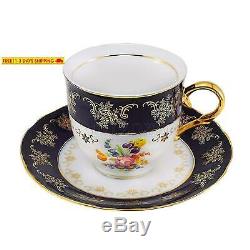 Euro Porcelain Premium 17-Pc Dark Cobalt Blue Tea Cup Coffee Set, Vintage Floral