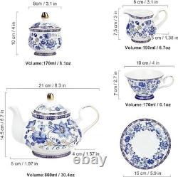 Fanquare 21 Pieces British Vintage Porcelain Tea Set, Blue Floral Ceramic Coffee