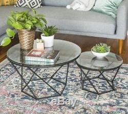 Geometric Coffee Nesting Table Tempered Glass 2 Pieces Accent Metal Set Vintage