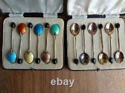 Harrods 2 similar sets vintage enamel and gilt coffee bean spoons circa 1930's