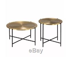Industrial Coffee Table Vintage Round Furniture Set 2 Side End Gold Rustic Metal