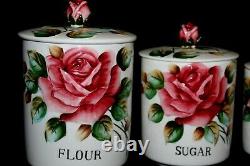 L? K Vtg Lefton Americana Rose? Canister Set Lovey MCM Flour Sugar Coffee Tea