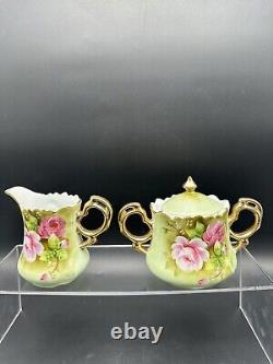 Lefton Heritage Green Pink Roses Coffee Tea Set 16 Pieces Vintage