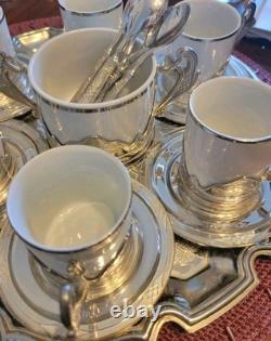 Mid-Century 28 Piece Silver-Plate & Porcelain Coffee Tray Set c1950 Italy