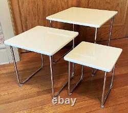 Mid Century Modern White Acrylic Chrome Cube Nesting End Coffee Table Set 1960s