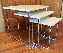 Mid Century Modern White Acrylic Chrome Cube Nesting End Coffee Table Set 1960s