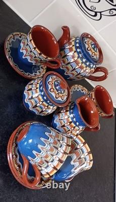 Mid Century Vintage 50s 60s Bulgarian Troyan Folk Art Pottery Coffee Set Tea Set