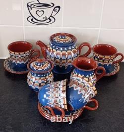 Mid Century Vintage 50s 60s Bulgarian Troyan Folk Art Pottery Coffee Set Tea Set